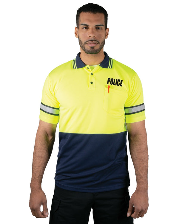 Polyester Short Sleeve Lime Green/Navy Polo Shirt with Reflective Stripe (Police ID)