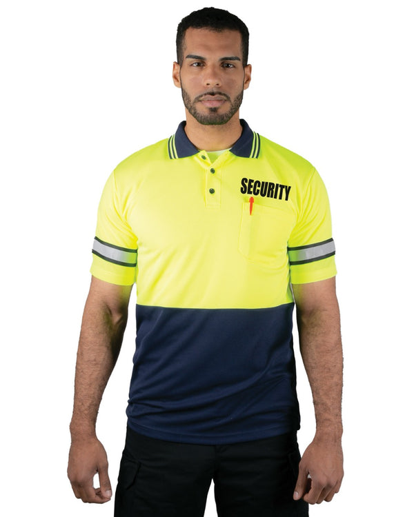 Polyester Short Sleeve Lime Green/Navy Polo Shirt with Reflective Stripe (Security ID)