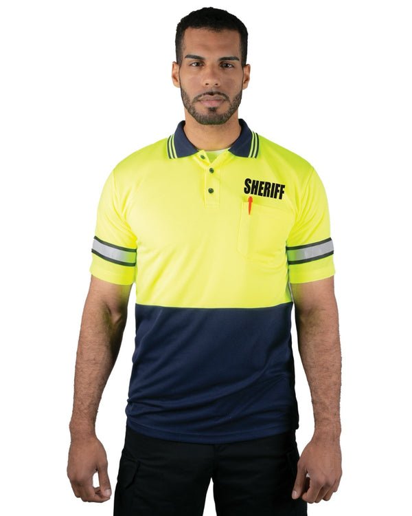 Polyester Short Sleeve Lime Green/Navy Polo Shirt with Reflective Stripe (Sheriff ID)