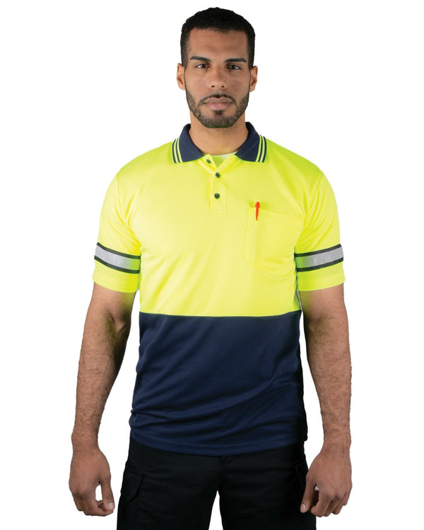 Polyester Short Sleeve Lime Green/Navy Polo Shirt with Reflective Stripe (No ID)