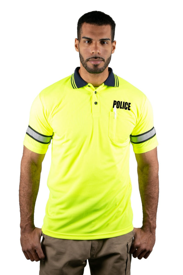 Polyester Short Sleeve Lime Green Polo Shirt with Reflective Stripe (Police ID)