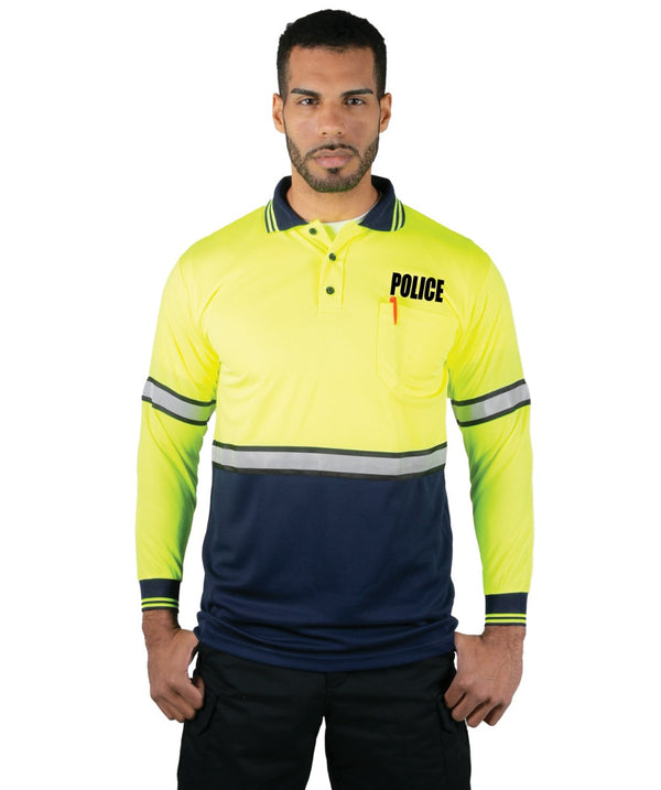 Polyester Long Sleeve Lime Green/Navy Polo Shirt with Reflective Stripe (Police ID)
