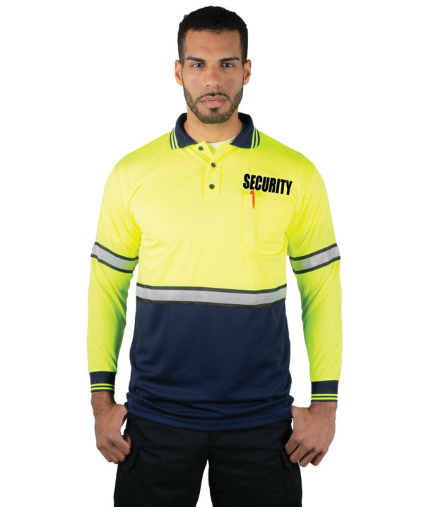 Polyester Long Sleeve Lime Green/Navy Polo Shirt with Reflective Stripe (Security ID)