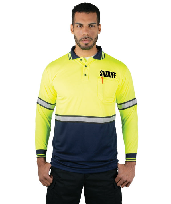 Polyester Long Sleeve Lime Green/Navy Polo Shirt with Reflective Stripe (Sheriff ID)