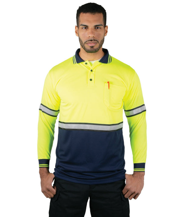 Polyester Long Sleeve Lime Green/Navy Polo Shirt with Reflective Stripe (No ID)