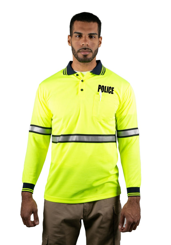 Polyester Long Sleeve Lime Green Polo Shirt with Reflective Stripe (Police ID)