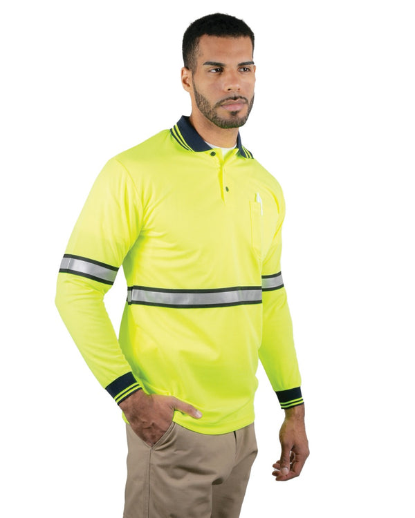 Polyester Long Sleeve Lime Green Polo Shirt with Reflective Stripe (No ID)