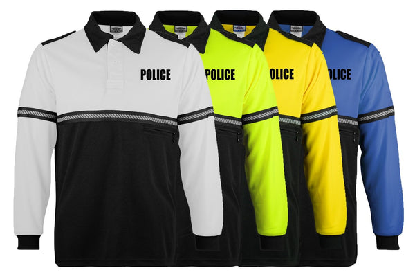 Ryno Gear Two Tone 100% Polyester Bike Patrol Long Sleeve Polo Shirt with Zipper Pocket and Hash Reflective Tape (Police ID)